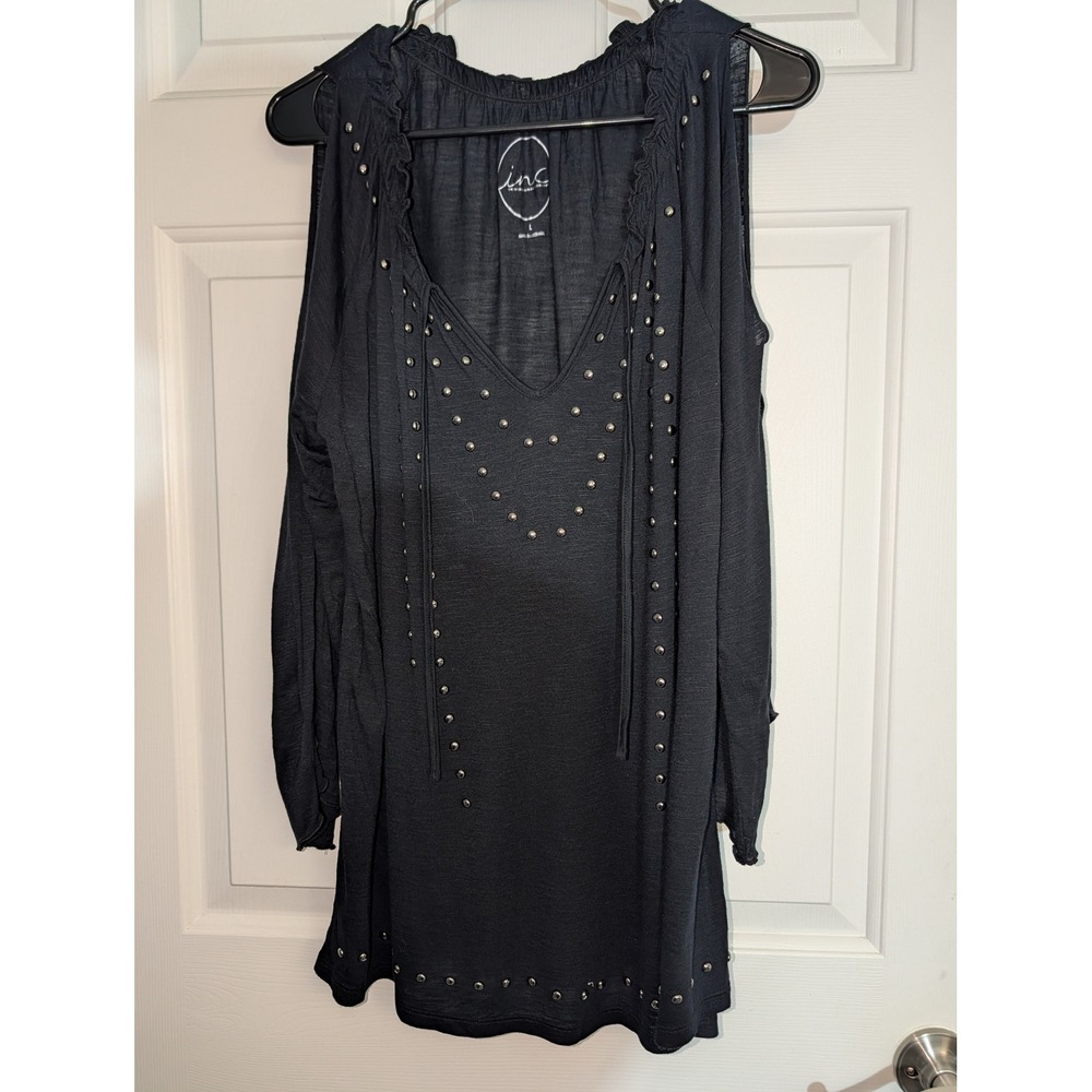 INC International Concepts Black Studded Cold Shoulder Ruffle Boho Top Large